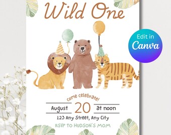 Plantilla digital de cumpleaños "Wild One", descarga instantánea y editable, invitación para el primer cumpleaños.