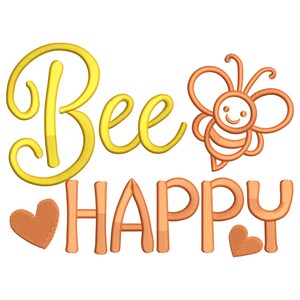 Op de afbeelding: Een vrolijke afbeelding met de woorden "Bee Happy" in geel en oranje. Een cartoon bij staat naast het woord "Bee". Twee oranje harten staan aan weerszijden van het woord "Happy".