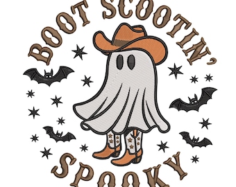Disegno da ricamo spettrale Boot Scootin' - File per ricamo a macchina di Halloween con fantasma occidentale