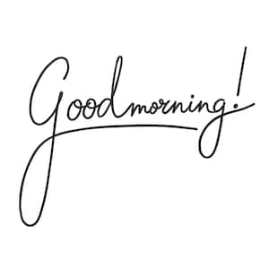 Op de afbeelding: Zwarte tekst in sierlijke letters op een witte achtergrond: "Goodmorning!". Het woord "Good" is groter dan "morning", met een uitroepteken aan het einde. Een eenvoudig, elegant ontwerp voor kaarten of posters.