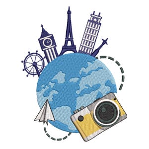 Puede incluir: Diseño bordado con un globo azul con monumentos turísticos como la Torre Eiffel, el Big Ben y la Torre Inclinada de Pisa. Una cámara amarilla y gris, un avión de papel y un timón completan el tema de viaje.