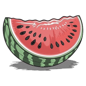 May include: A slice of watermelon with a bite taken out, featuring a red interior with black seeds and a green rind. The watermelon has a white border and a shadow beneath it, suggesting a 3D effect.