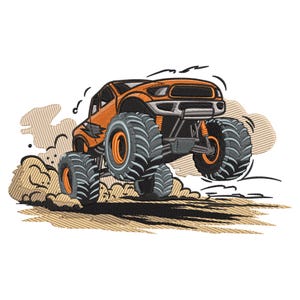 May include: An orange monster truck with large, black tires and orange rims is depicted in a dynamic illustration. The truck is kicking up dirt and dust, suggesting speed and action. The design is bold and graphic, perfect for apparel or decor.
