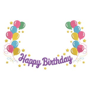 Puede incluir: Un diseño bordado colorido con una pancarta de "Feliz Cumpleaños" en escritura morada, rodeada de grupos de globos rosas, amarillos, azules y verdes, junto con estrellas doradas. Ideal para celebraciones de cumpleaños.