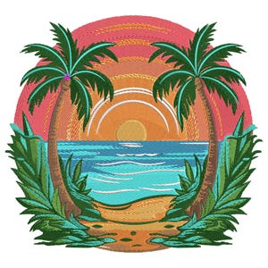 Tropical Sunset Embroidery Design, Palm Tree Beach Machine Embroidery File, Ocean Landscape