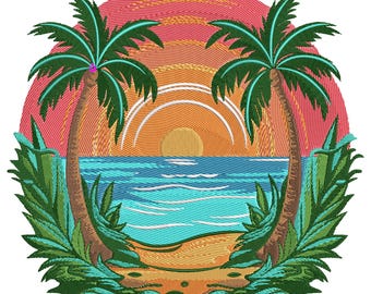May include: Embroidered design featuring a tropical beach scene. Two palm trees flank a turquoise ocean under a sunset of orange, pink, and yellow hues. The design includes a sandy beach and lush green foliage, creating a vibrant, detailed illustration.