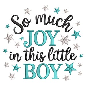 May include: White background with the text "So much JOY in this little BOY" in black and teal. The image is decorated with teal and silver stars.