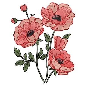 Mohnblume Stickdatei, Rote Blumen Stickdatei, Stickdatei Maschinenstickerei, Botanischer Garten
