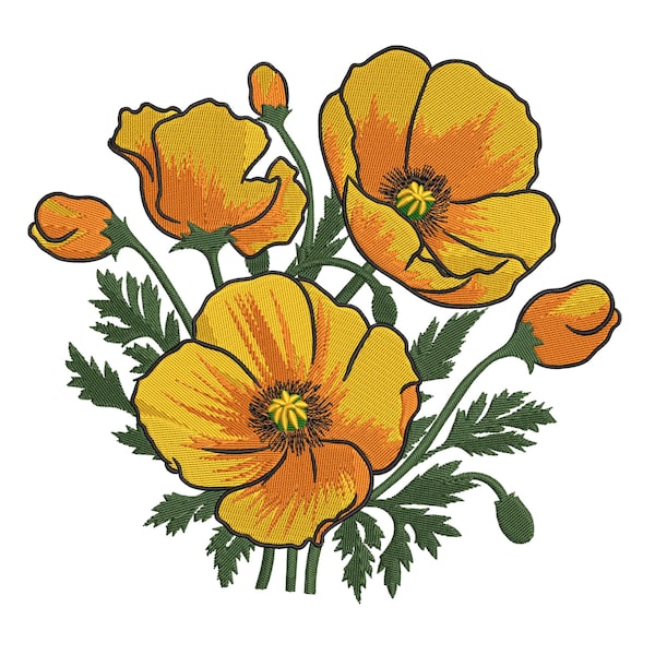 California Poppy Embroidery Design: Floral Bouquet Machine Embroidery File