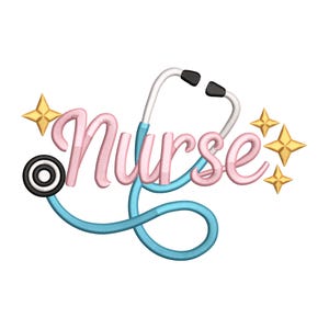May include: A light blue stethoscope with the word "Nurse" in pink script. The stethoscope has black earpieces and a black and white circular chest piece. Gold starbursts accent the design on a white background.