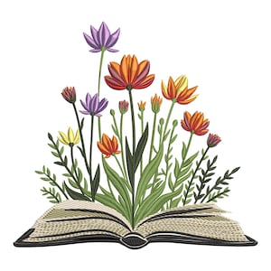Book with Blooming Flowers Embroidery Design, Floral Reading Machine Embroidery design, Literary Garden Embroidery File