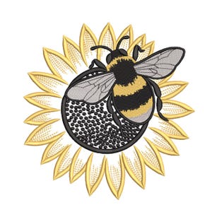 May include: An embroidered patch featuring a bumblebee with black and yellow stripes and translucent gray wings, positioned over the center of a sunflower with yellow petals and a dark, textured circular seed head center.