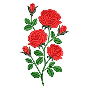 Puede incluir: Diseño bordado de rosas rojas, con costuras detalladas, hojas y tallos verdes. Las rosas se muestran en diferentes etapas de floración, desde capullos hasta flores completamente abiertas. El diseño es probablemente para la ornamentación textil.
