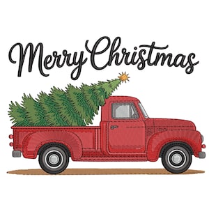 May include: A red vintage pickup truck carrying a green Christmas tree, with a gold star on top. The words "Merry Christmas" are written in black script above the truck. The image has a stitched or embroidered appearance.