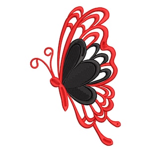 Puede incluir: Diseño de mariposa bordada con contorno rojo y centro negro. Las alas de la mariposa tienen un patrón calado detallado. Las antenas y el cuerpo son rojos, creando un contraste llamativo.