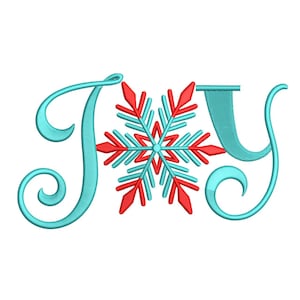 May include: Embroidered design spelling "JOY" in teal with a red and teal snowflake replacing the "O". The letters have a cursive style with decorative swirls. The design is likely for holiday-themed crafts.
