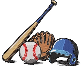 Baseball Equipment Embroidery Design: Bat, Glove, Ball & Helmet