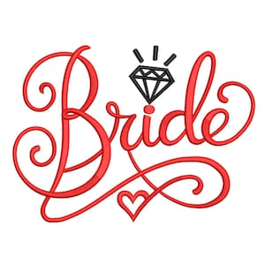 May include: Red cursive text that reads "Bride" with a heart and a black diamond illustration on a white background. The word "Bride" is in a flowing script, with a heart shape incorporated into the design.