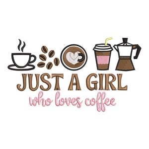 Coffee Lover Embroidery Design – Girl with Coffee Cups Machine File (Digital Download)