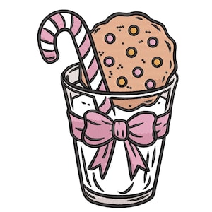 Può includere: Illustrazione a cartoni animati di un bicchiere pieno di liquido bianco, un fiocco rosa, un bastoncino di zucchero e un biscotto con gocce di cioccolato. Il bastoncino di zucchero è a righe rosa e bianche. Il biscotto ha granelli rosa e gialli.