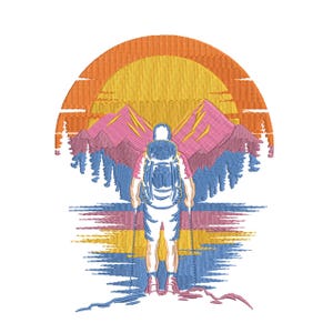 Diseño de bordado de puesta de sol en la montaña para mochileros