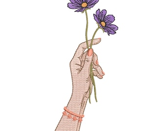 Hand Holding Purple Daisies – Floral Embroidery Design