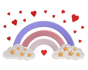 Rainbow Clouds & Hearts Embroidery Design – Whimsical Machine File for Kids Apparel, Baby Gifts