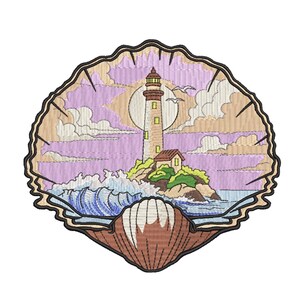 May include: An embroidered patch shaped like a large scallop shell featuring a lighthouse on a rocky island. The scene includes a full moon, purple and tan clouds, crashing blue waves, and a small house. The border is outlined in black thread.