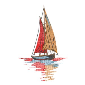 May include: An embroidered image of a sailboat with red and tan sails. The boat is black with a blue stripe. The water reflection mirrors the boat and sails in shades of red, blue, and tan.