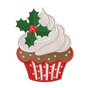 May include: A festive cupcake design with white frosting, a brown base, and a red and white striped wrapper. The cupcake is topped with a sprig of green holly and red berries, perfect for holiday-themed crafts.
