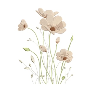 Könnte beinhalten: Gesticktes Blumendesign mit mehreren beigefarbenen Blumen mit braunen Zentren und grünen Stielen. Die Blumen befinden sich in verschiedenen Stadien der Blüte, mit Knospen und Blättern. Das Design befindet sich auf weißem Hintergrund.