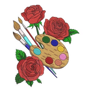 May include: Embroidered design featuring red roses, paintbrushes, and a wooden artist's palette with colorful paint. The design is set against a white background, ideal for art-themed projects.