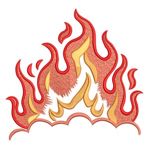 Op de afbeelding: Geborduurd ontwerp van gestileerde vlammen in rood, perzik en geel. De vlammen hebben een getextureerd uiterlijk, met een rode omtrek en perzikkleurige vulling. De basis van de vlammen is een golvende, perzikkleurige lijn.