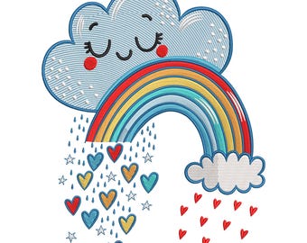 Rainbow Cloud Embroidery Design: Kawaii Hearts & Stars Stitch File
