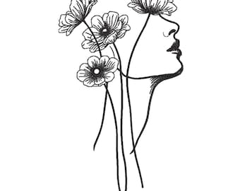 Floral Face Line Art – Minimalist Embroidery Design