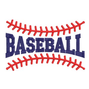 Puede incluir: Un diseño de béisbol con la palabra "BASEBALL" en azul marino, cosida en una fuente en negrita. El diseño incluye detalles de costura rojos, imitando las costuras de una pelota de béisbol. La imagen está sobre un fondo blanco.
