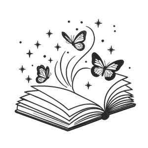 May include: A black and white embroidery design featuring an open book with pages fanned out. Three butterflies emerge from the center of the book, surrounded by various sizes of four-pointed stars and small dots, creating a magical effect.