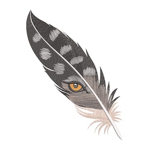 May include: A detailed illustration of a feather with an eye design. The feather is primarily grey with white polka dots and a tan and white base. The eye is yellow and brown, adding a striking focal point to the design.