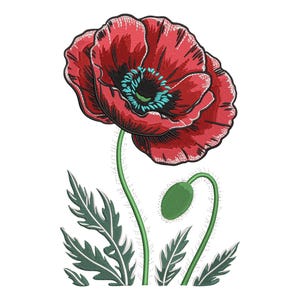 Puede incluir: Bordado de una flor de amapola roja con centro turquesa, tallo y hojas verdes. El diseño floral detallado presenta un capullo y follaje, sobre un fondo blanco. Este diseño floral decorativo es adecuado para varios proyectos de manualidades.