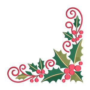 May include: Embroidered corner design featuring holly leaves and red berries. The leaves are green with gold accents, and the berries are a vibrant red. The design includes red swirls and is set against a white background.