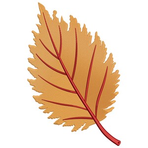 Könnte beinhalten: Detaillierte Stickerei eines Blattes in Gold- und Rottönen. Das Blatt hat eine strukturierte Oberfläche mit gezacktem Rand. Die Adern sind tiefrot und kontrastieren mit dem goldenen Körper des Blattes. Das Design ist vor weißem Hintergrund.