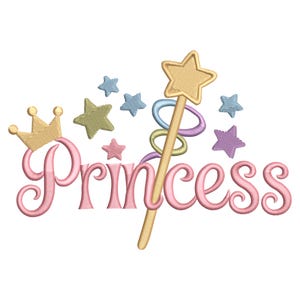 May include: A whimsical design featuring the word "Princess" in pink script, accompanied by a gold crown, a star-topped wand, and scattered stars in various pastel colors. The design is likely for a child's item.