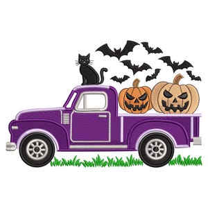 Borduurontwerp Halloween-pompoenen vrachtwagen – Spooky machinebestand voor herfst, pompoenen en lantaarns