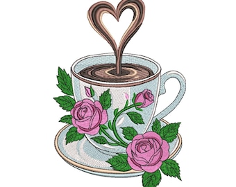 Rose Latte Heart – Floral Coffee Embroidery Design