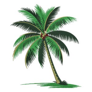 May include: Embroidered image of a palm tree with green fronds and a brown trunk. The palm tree has a slight lean, and the fronds are a mix of light and dark green. The trunk is a light brown color with a textured appearance. The image is on a white background.