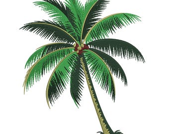 Op de afbeelding: Geborduurd beeld van een palmboom met groene bladeren en een bruine stam. De palmboom heeft een lichte helling en de bladeren zijn een mix van licht- en donkergroen. De stam is lichtbruin van kleur met een getextureerd uiterlijk. De afbeelding staat op een witte achtergrond.