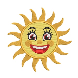 Può includere: Design ricamato a forma di sole con un volto sorridente. Il sole presenta un volto giallo con una bocca rossa sorridente, occhi rossi e ciglia nere. I raggi del sole sono anch'essi gialli. Questo design è adatto a vari progetti artigianali.
