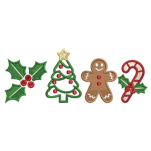 May include: Embroidered Christmas designs including holly, a Christmas tree with red ornaments and a gold star, a gingerbread man, and a candy cane with holly. The designs are green, red, brown, and gold on a white background.