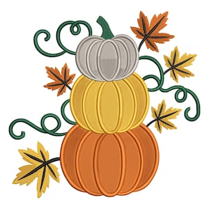 May include: Embroidered design featuring three stacked pumpkins in orange, yellow, and silver. Green vines and autumn leaves in orange and yellow surround the pumpkins, creating a fall harvest theme.