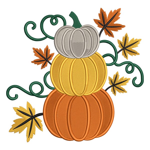 Stacked Pumpkins Embroidery – Fall Leaves Autumn Decor Design